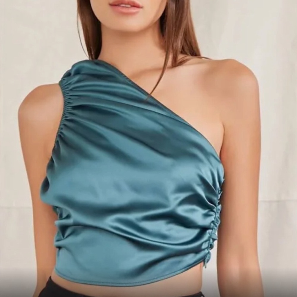 Forever 21 Silky Satin Blue Ruched One Shoulder Crop Top